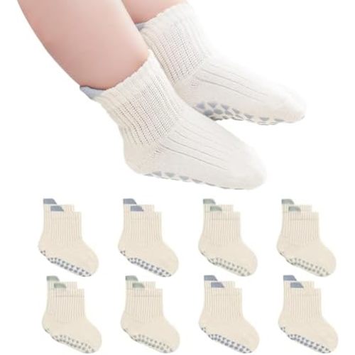 Toddler Non Slip Socks with Grips, 8 Pairs Cotton Ankle Socks for Baby Boys Girls Infants Kids 0-5 Years Old