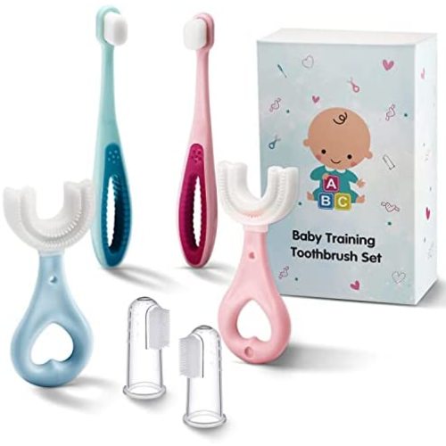 6 in 1 Baby Training Toothbrush Set - Infant to Toddler Toothbrush Oral Care Toothbrush for Baby - Food Grade Silicone,Extra Soft Bristles,Perfect for 6+,12+,24+ Months,Baby Essentials Gift(6-Pack)