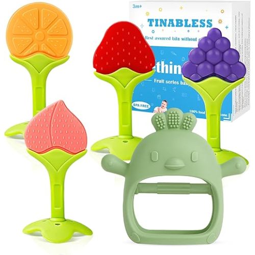 Baby Teething Toys for 0-6 6-12 Months (5 Pack) - Tinabless Food Grade Silicone Teething Mitten&Teething Relief Toys Set, BPA-Free, Freezer Safe for Infants and Toddlers, Silicone Baby Teethers(Green)