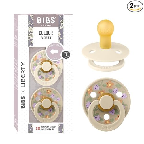 BiBS Liberty Pacifier 2-Pack, BPA Free Pacfiers with Natural Latex Round Nipple, Made in Scandinavia, Size 1 (0-6 Months), Strawberries and Cream Ivory Mix