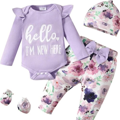 Sinhoon Newborn Baby Girl Clothes Hello I'm New Here Letter Romper+Floral Pants+Hat+Headband+Coming Home Outfits