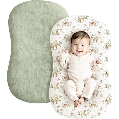 Konssy Muslin Baby Lounger Cover 2 Pack, 100% Cotton Newborn Lounger Cover, Soft and Breathable Lounger Cover for Boys Girls, Covers Only (Woodland,Sage)