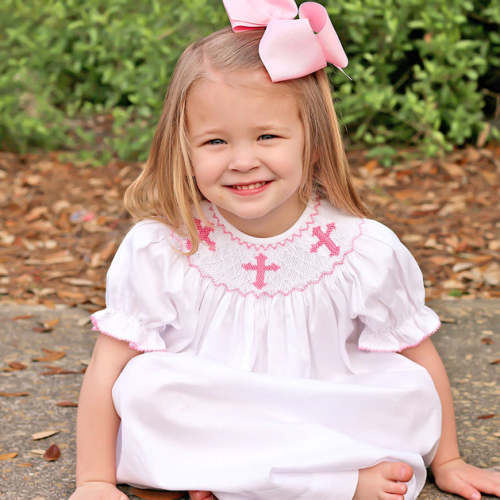 Pink Cross Smocked Bishop Dress