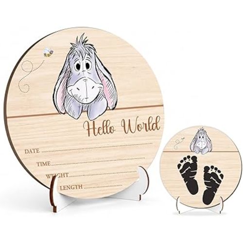 Winnie Donkey Baby Wooden Newborn Birth Sign, Hello World Newborn Signs, The Pooh Baby Name Sign, Babies Announcement Signs Photography Prop, Donkey Double Sided Hello World for Babies Party