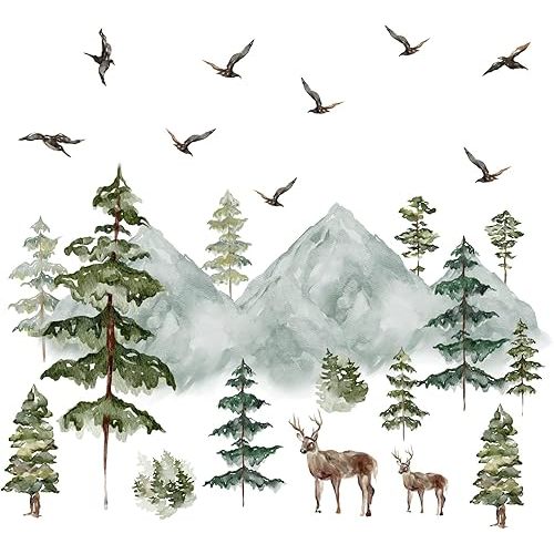 Mountain Wall Decals Large Pine Tree Wall Decals Peel and Stick Forest Tree Deer Birds Woodland Animal Decal Mountain Trees Stickers for Kids Room Nursery Decor