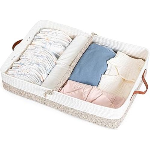 ZLG Sturdy Under Bed Shoe Storage Organizer, Cotton Rope Clothes Under Bed Storage Containers, Woven Under Bed Drawer Closet Storage Solution, White & Brown, 23.6 x 15.7 x 5.9 inches
