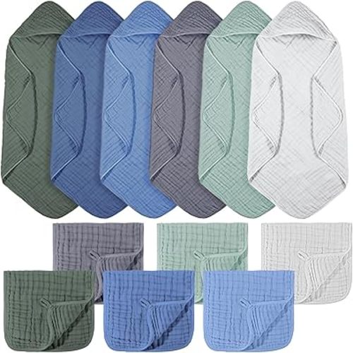 VitalCozy 12 Pcs Baby Muslin Hooded Bath Towels and Washcloths Muslin Cotton Hooded Baby Towels Absorbent Blankets for Gift Newborn Infant Shower (32 x 32 Inch,Cool Colors)