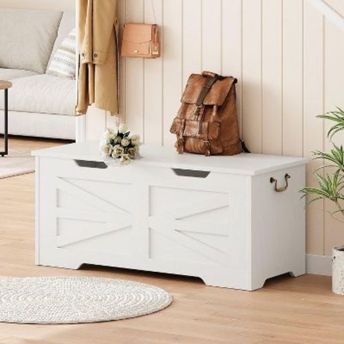 39.4” Storage Bench, Retro Wooden Storage Chest with Cut-Out Pull, Safety Hinge, Supports 350 lb for Toy Box Organizer (White)
