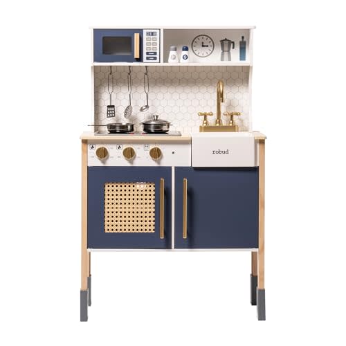 ROBUD Play Kitchen, Wooden Kids Kitchen Playset with Sounds & Lights, Pretend Play Kitchen Set for Toddlers, Gift for Boys & Girls, Vintage Style, 3+ (Gem Blue)