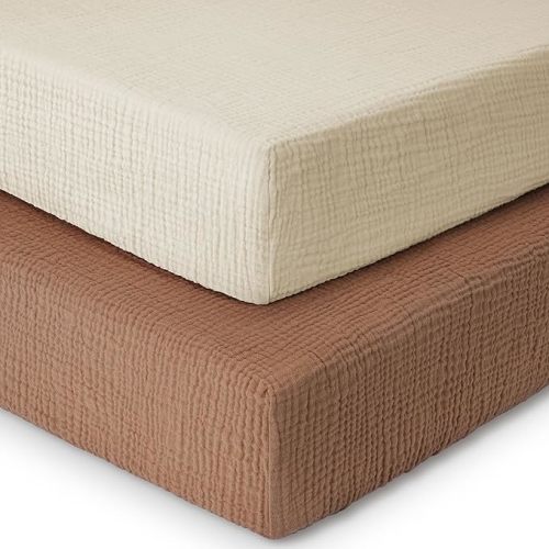 Yoofoss Muslin Crib Sheets for Boys Girls 100% Cotton Fitted Baby Crib Sheet 2 Pack Soft and Breathable for Standard Crib Mattress & Toddler Mattress 52"x28" Apricot&Brown