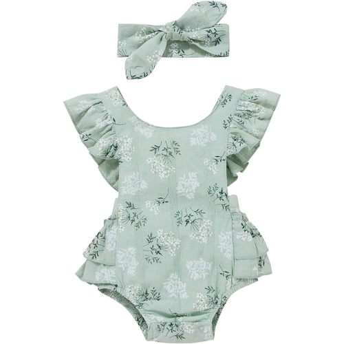 Baby Girls Daisy Playsuits Ruffled Bodysuit+Headband Print Fly Sleeve Romper Floral Jumpsuit Infant Summer Clothes - 12-18 Months - Light Green