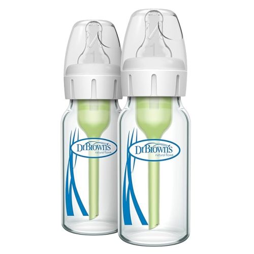 Dr. Brown's Natural Flow Anti-Colic Options+ Narrow Glass Baby Bottle, 4 oz/120 mL, with Level 1 Slow Flow Nipple, 2 Pack, 0m+