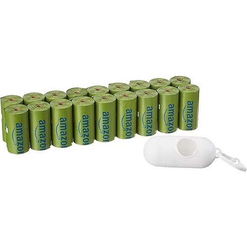 Amazon Basics Dog Poop Bags with Dispenser and Leash Clip, Talcum Powder Scented, 13 x 9 Inches - 270 Count (15 Bags per Roll, 18 Rolls)