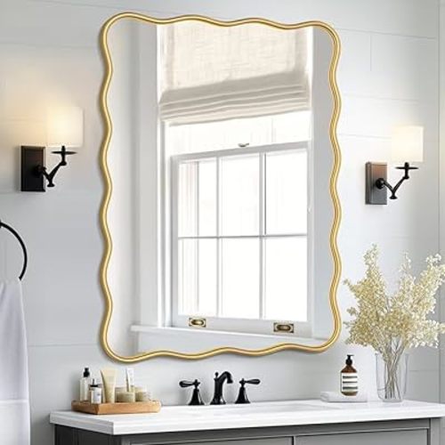PROHOMEWARE 28 * 40" Gold Bathroom Mirror for Wall,Wavy Rectangular Mirror,Vanity Mirror,Bathroom Mirrors for Wall,Wall-Mounted Metal Frame Mirror for Bedroom Entryway Living Room Farmhouse (Gold)