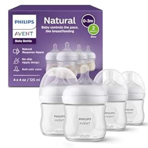 Philips Avent Natural Baby Bottles with Natural Response Nipples (Slow Flow, Flow 2), 4oz, 4-Pack, SCY900/04