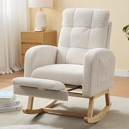 NIOIIKIT Nursery Rocking Chair, Corduroy Upholstered Rocking Chair with Adjustable Footrest, Tufted Rocker Chair with Side Pocket, Glider Rocker for Living Room, Bedroom (Retro, Cream)