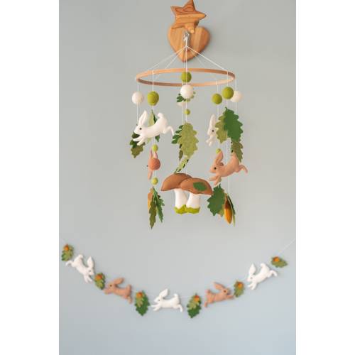 Mushroom mobile for crib Woodland baby nursery mobile with rabbits Baby shower gift for newborn Hanging felt minimalist Green leaves mobile