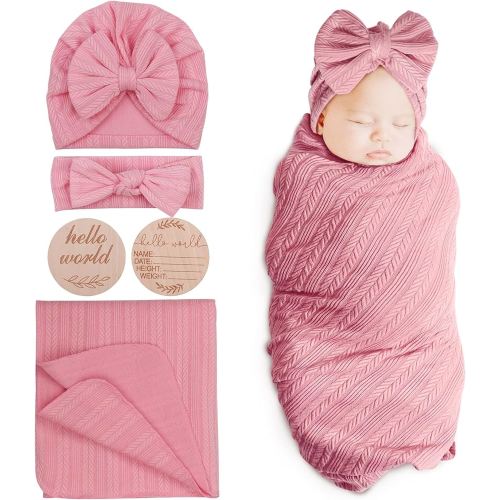 DRESHOW BQUBO Baby Swaddle Blankets for Girls, 4PCS Newborn Accessories Set with Hat and Bow Headband with Hello World Wooden Birth Announcement Card, Baby Blankets for Girls
