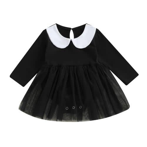 Muasaaluxi Newborn Baby Girl Halloween Outfit Long Sleeve Doll Collar Romper Tutu Dress Black Bodysuit Halloween Dress 0-24M