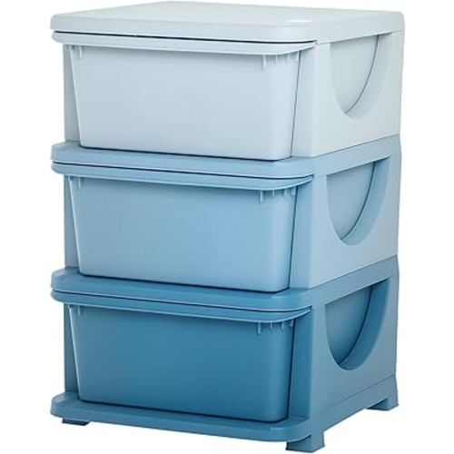 Qaba 3 Tier Kids Storage Unit, Toy Organizers and Storage with 3 Drawer Chest for Kids Bedroom Nursery Kindergarten Living Room for Boys Girls Toddlers, Blue