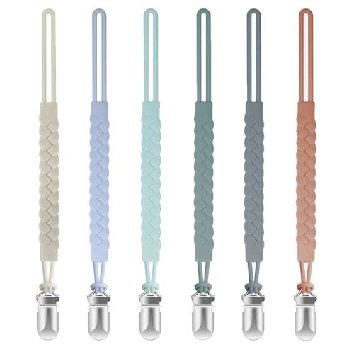 TenderBabe Silicone Pacifier Clip for Baby Boys and Girls, Pack of 6 Soft Flexible Paci Binky Clips with One-Piece Braided-Style Design,BPA-Free Newborn Essentials