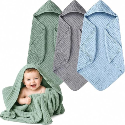 3-Pack Muslin Hooded Baby Towels, 100% Cotton, Ultra-Soft & Absorbent Baby Bath Towels with Hood for Babies, Infant, Toddler and Newbron(Green + Grey + Apricot，35" X 35''