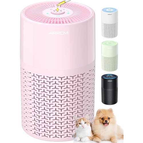 AIRROMI Pets Air Purifier for Home Allergies,Up to 660 ft².Yellow Deodorizing Activated Carbon Filter,With Fragrance Sponge for Better Sleep,Night Light,Pet Dander,Smoke,Odors,Air Cleaner A2002 Pink