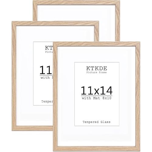 KTKDE 11x14 Picture frame Set of 3, 8x10 mat or 11x14 Without Mat,Nature Wooden Frame Real Glass 11 by 14 Studio Gallery for Wall Art, Poster Frame home Friends Wedding best gift