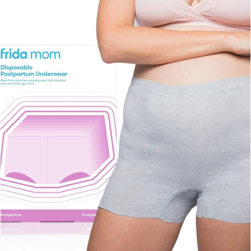 Frida Mom Women's Postpartum Underwear, Disposable Boyshort Underwear, Seamless with Stretchy Support, Postpartum Essentials, Size Petite (Waist 23"-34" Stretched), 8 Count Feminine Care, Grey