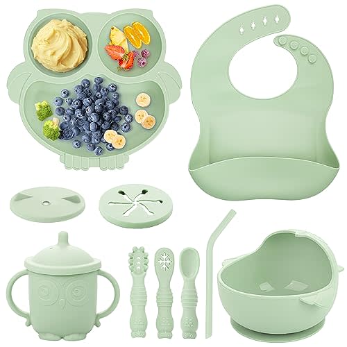 Bnditeu Baby Weaning Set, Silicone Baby Feeding Set(10 Pcs), Toddler Weaning Set with Adjustable Bib, Suction Bowl, Plate, Fork, Spoon, Water & Snack Cup Kit, Baby Led Weaning Kit for Babies and Kids