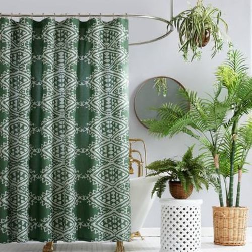 Jungalow Aisha Shower Curtain Green 100% Cotton, Machine Washable, Buttonhole Top