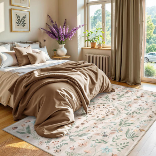 Insect and Plant Vertical Striped Textured Washable Area Rug - Nature-Inspired Carpet for Living Room, Bedroom, or Office