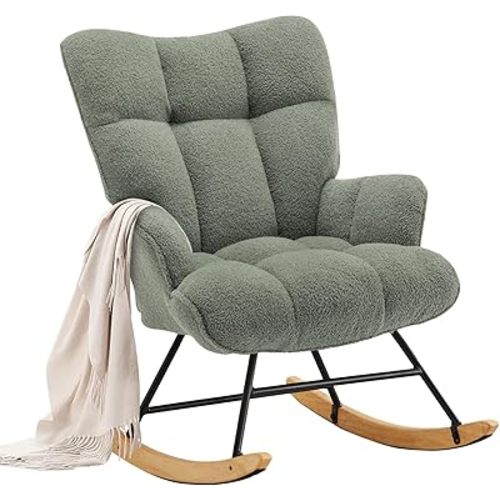 Fauteuil à bascule rembourré avec dossier haut pour chambre d'enfant, salon, chambre à coucher, bureau (motif ourson vert)