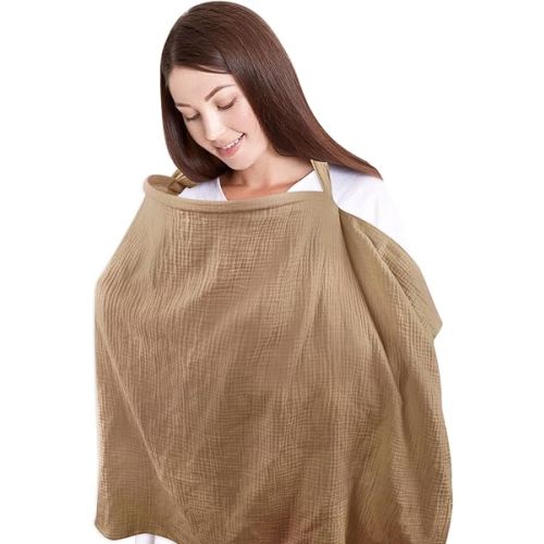Muslin Nursing Covers for Breastfeeding, Cotton Breastfeeding Cover for Summer, Breathable & Soft, Multi-Use Privacy Nursing Covers with Rigid Hoop, Adjustable Neck Strap, Brown