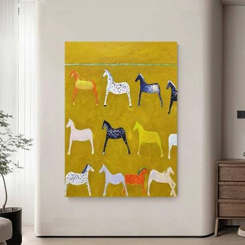 Large Yellow Horse Oil Painting on Canvas Horse Abstract Canvas Wall Art Colorful Modern Minimalist Animal Painting for Living Room Bedroom