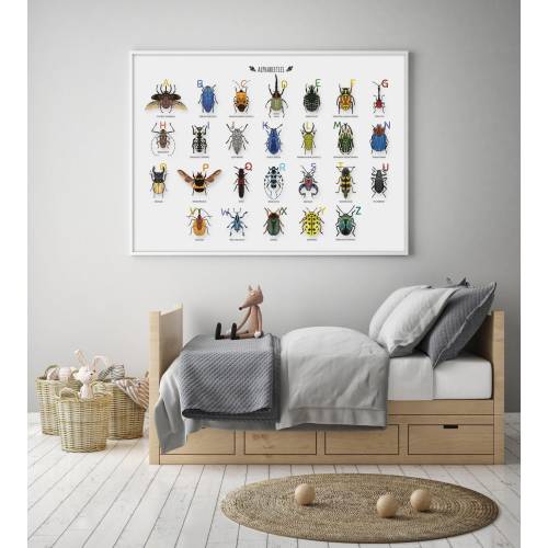 Alphabet Beetles Illustrations Print, Horizontal ABC Poster, Nursery A-Z Art, Classroom insects Decor, Bugs Boy Bedroom Wall Art, Printable