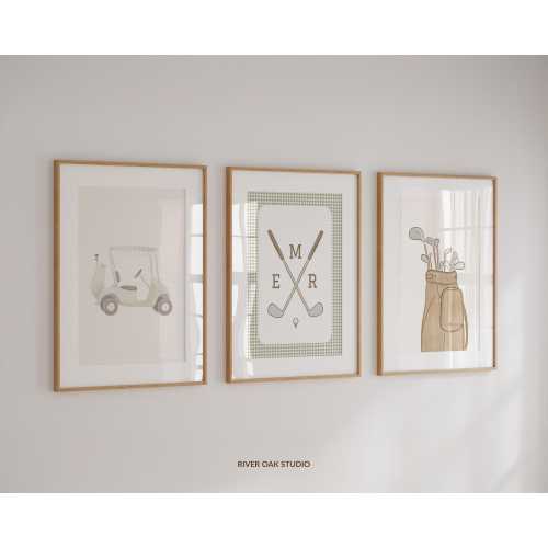 Set of 3 Sage Green Golf Nursery Prints with Personalized Monogram, Custom Initials Golf Toddler Room Vintage Gingham Golf Kid Bedroom Decor