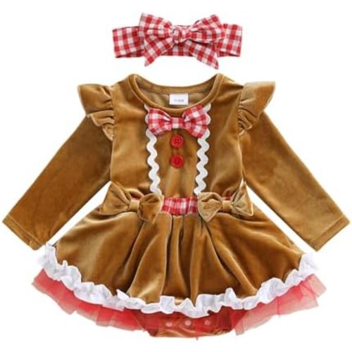 Hnyenmcko Newborn Baby Girl Christmas Clothes Infant Red Plaid Romper Dress Ruffle Long Sleeve Ribbed Bodysuit Headband Set