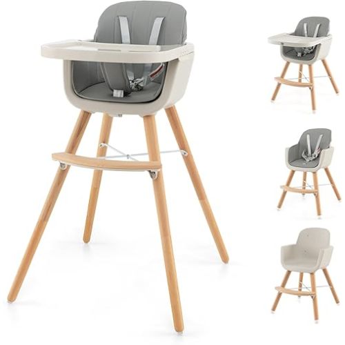 HONEY JOY High Chair, 3-in-1 Eat & Grow Wooden Highchair/Toddler Chair with Removable Tray, 5-Point Harness, PU Cushion and Footrest for Baby, High Chair for Babies and Toddlers(Gray)