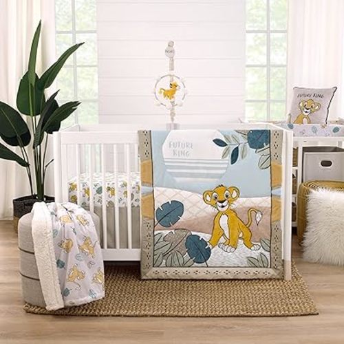 NoJo Disney Lion King Blue, Green, Taupe and Gold Simba Future King 3 Piece Nursery Crib Bedding Set - Comforter, Cotton Fitted Crib Sheet, and Crib Skirt