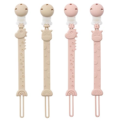 YIVEKO Pacifier Holder Clips for Baby - Silicone Paci Binky Clips 4Pcs - Animal Design Rainbow-Ivory+Blush
