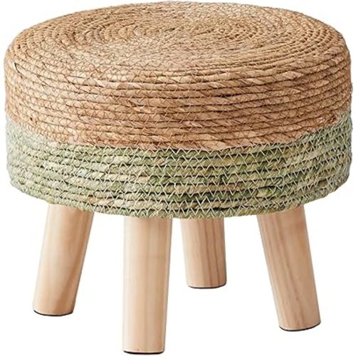 Wimarsbon Round Foot Stool Natural Seagrass Poufs Ottoman Hand Weave Footrest Stool for Couch Desk Extra Seat Step Stool with Solid Wood Legs for Hallway Patio Lounge (Natural/Green)