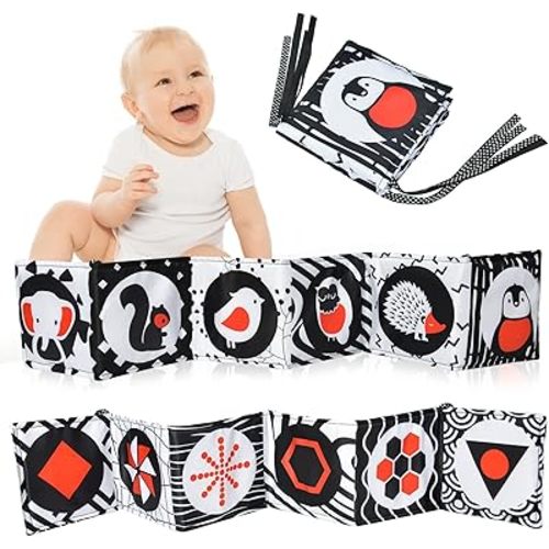 Vicloon Black and White High Contrast Baby Toys, Soft Baby Book for Newborn 0-3-6-12 Months, Infant Tummy Time Toys, Early Education Sensory Toys, Visual Stimulation Folding Cloth Book for Boys Girls