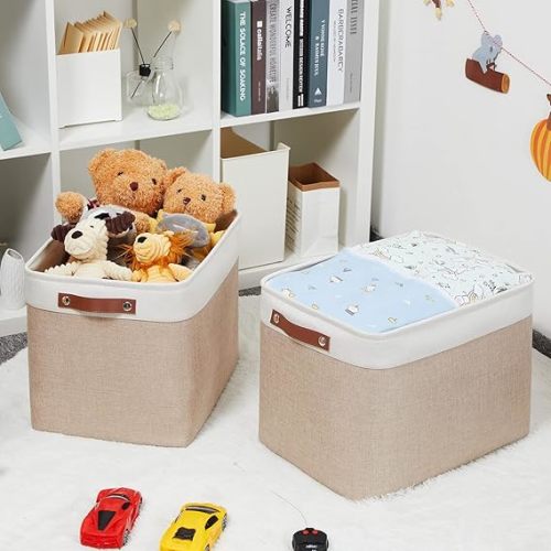 HNZIGE Fabric Storage Baskets for Organizing [2 Pack] Large Canvas Rectangular Storage Bins for shelves 16" X 11.8" X 11.8" Clothes Baskets Collapsible Bins for Closet Linen Organizers (Beige&White) - Beige&White-Leather Handles - 16" x 11.8" x 11.8"-2 Pa