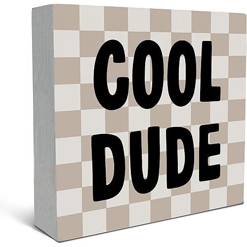 SRADMO Cool Dude Wood Box Sign Desk Decor,Boho Beige Preppy Wooden Block Box Sign Decoration for Teen Boys Bedroom College Dorm Gamer Room Wall Shelf Table Decor