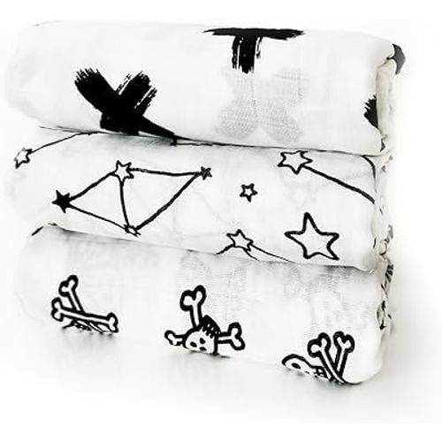 Iron Lily Muslin Swaddle Blankets for Baby Boys & Girls -70% Bamboo, 30% Cotton Softest Newborn Black & White Muslin Blanket Baby Receiving Muslim Infant Wrap Swaddles Skull, Stars, Plus/X Signs, 3pk
