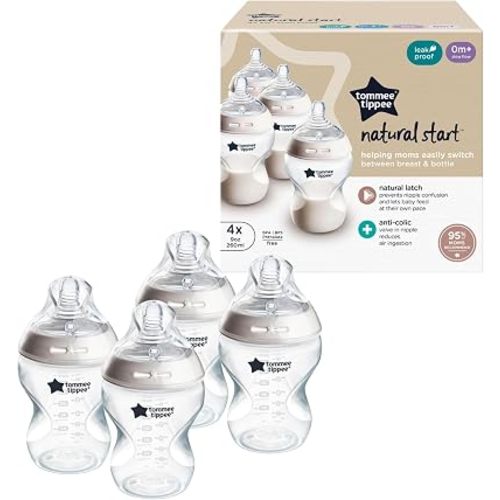 Tommee Tippee Natural Start Anti-Colic 9 oz BPA Free Baby Bottles, 0+ Months, Slow Flow Breast-Like Nipple, Self Sterilizing, Designed for Seamless Transition Between Bottle & Breast, Clear, Pack of 4