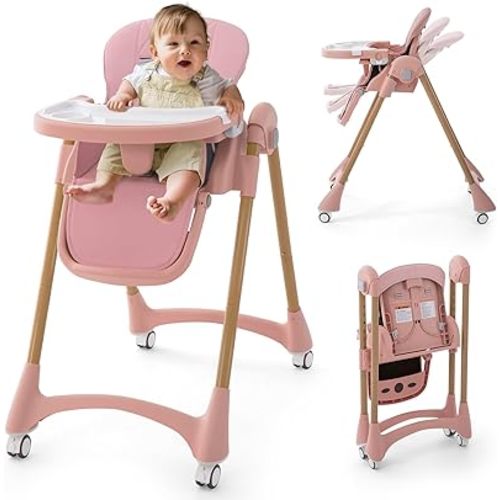Portable High Chairs for Babies and Toddlers, 3-in-1 Foldable High Chair, Adjustable Height & Recline Baby Feeding Chair with Removable Tray, Adjustable Backrest, Pedal & Lockable Wheels Pink
