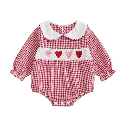 Ayalinggo Newborn Smocked Baby Girl Outfit Hearts Plaid Long Sleeve Bubble Romper Bodysuit Infant Cute Valentines Day Clothes