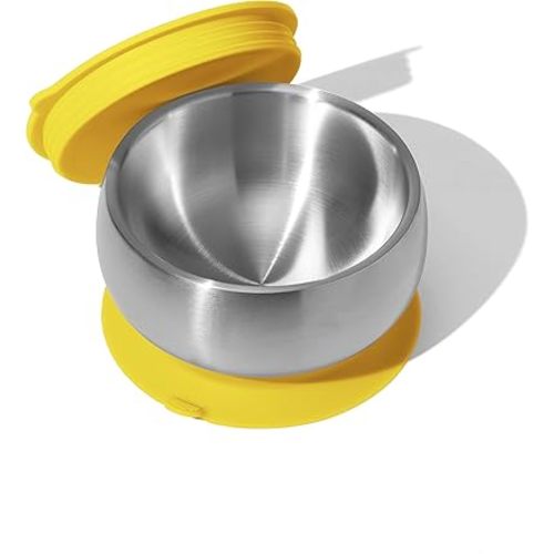 Avanchy Baby Bowls with Suction and Storage Lids Set. Babies Kids Toddler Boys Girl First Food Feeding. Fits Feeding High Chair Table. Stainless Steel, Yellow